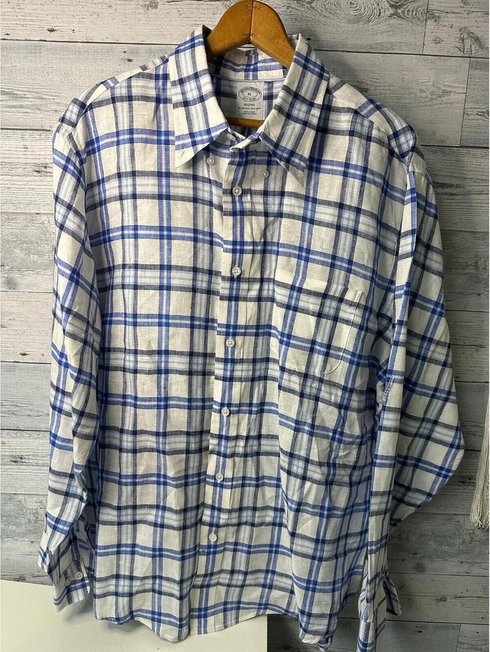 Brooks Brothers Regent 100% Linen Long Sleeve Shirt Size XL Plaid